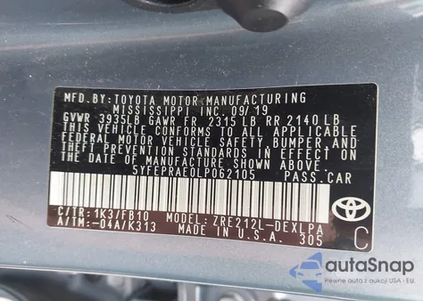 2020 Toyota Corolla Le from USA, damaged, VIN 5YFEPRAE0LP062105